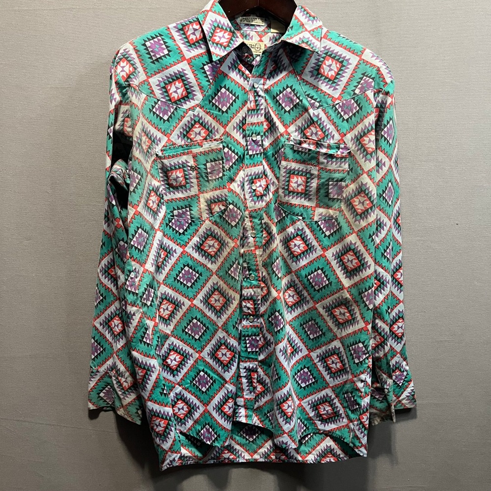 Sheplers Mens Western Fit Shirt Large Geometric Aztec Teal Purple Button Up L